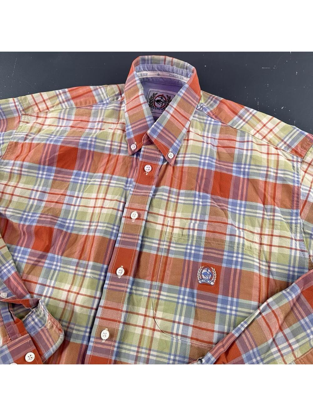 Cinch Shirt Mens Large Orange Blue Aqua Green Check Plaid Twill Western Fall